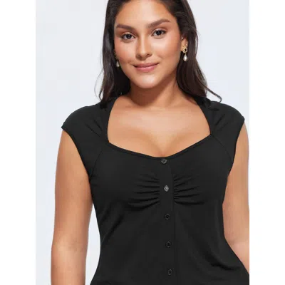 Bloomchic Stretchy Ruched Sweetheart Neckline Knit Top In Black