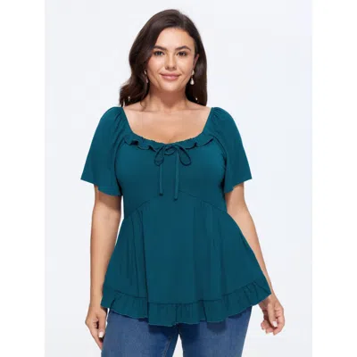 Bloomchic Stretchy Ruffled Edge Plain Knit Top In Aegean