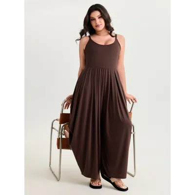 Bloomchic Stretchy Scoop Neckline Flowy Jumpsuit In Brown