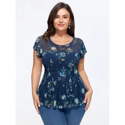 Bloomchic Stretchy Sheer Floral Mesh Pleated Top In Indigo