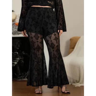 Bloomchic Stretchy Sheer Mesh Cross Star Flocked Flare Pants In Black