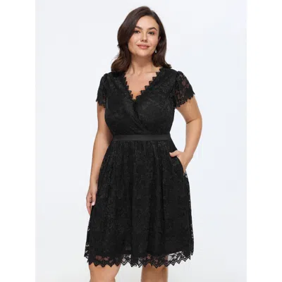 Bloomchic Stretchy Solid Lace Mesh V Neck Mini Dress In Black