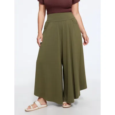 Bloomchic Stretchy Solid Pocket Drape Wide Leg Pants In Armygreen