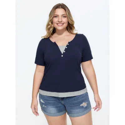 Bloomchic Stretchy Split Neckline Color Contrast T-shirt In Blue