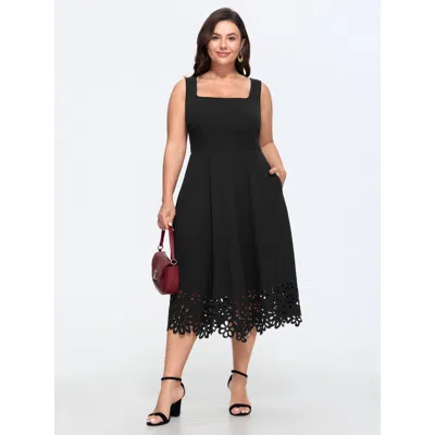 Bloomchic Stretchy Square Neck Floral Laser Cut Hem Midi Dress In Black