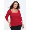 Bloomchic Stretchy Square Neck Ribbed Long Sleeve Pullover In Red