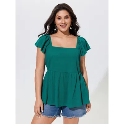 Bloomchic Stretchy Square Neck Ruffle Sleeve Waffle Knit Top In Green