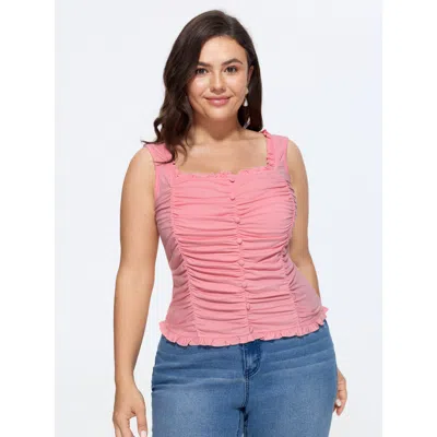 Bloomchic Stretchy Square Neck Ruffle Trim Ruched Tank Top In Pink