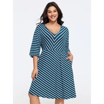 Bloomchic Stretchy Stripe Print V Neck Pocket Mini Dress In Blue