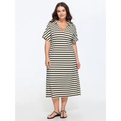 Bloomchic Stretchy Striped Print Collared Midi Dress In Black