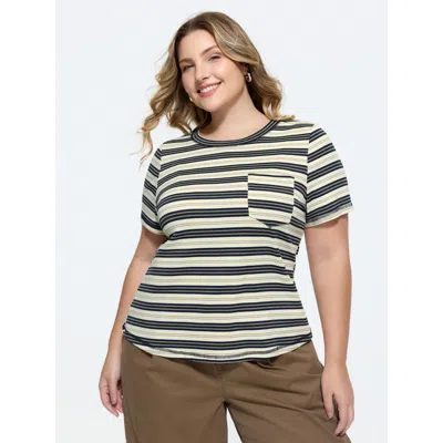 Bloomchic Stretchy Striped Print Round Neck T-shirt In Blue