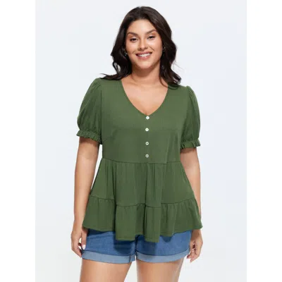 Bloomchic Stretchy Tiered Button Detail Knit Top In Green