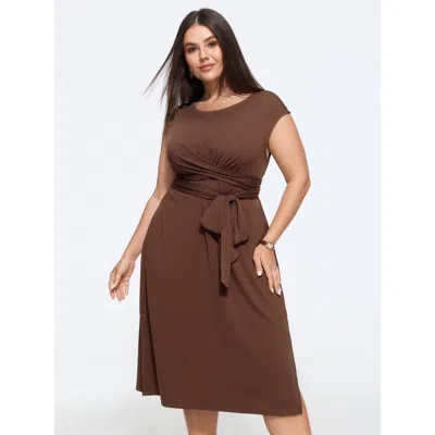 Bloomchic Stretchy Twist Front Wrap Tie Waist Midi Dress In Browncoffeecolor