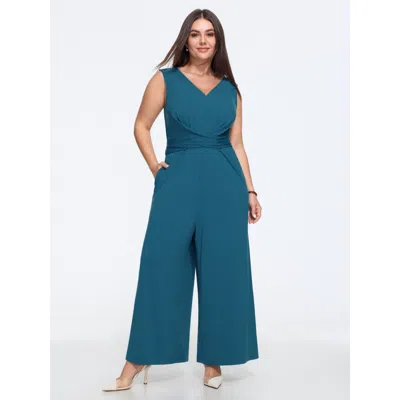 Bloomchic Stretchy V Neck Wrap Waist Wide Leg Jumpsuit In Blue