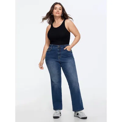 Bloomchic Stretchy Waist Straight-leg Mid-rise Jeans In Midblue