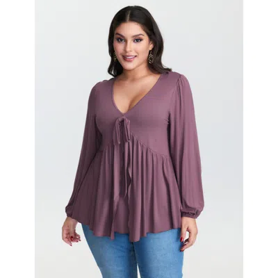 Bloomchic Stretchy Waistband Tie-front Ruffled Knit Top In Purple
