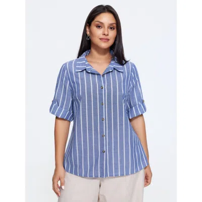 Bloomchic Stripe Print Button Front Tab Sleeve Blouse In Blue