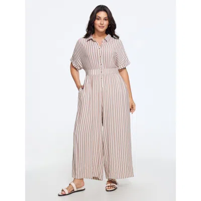 Bloomchic Stripe Print Half Button Cinched Waist Wide Leg Jumpsuit In Neutral