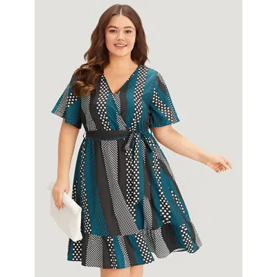 Bloomchic Striped & Polka Dot Graphic Pocket Ruffle Wrap Dress In Blue
