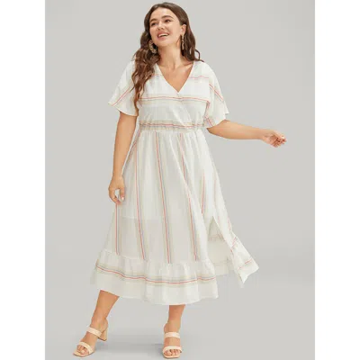 Bloomchic Striped Contrast Flutter Hem Dolman Sleeve Pocket Split Wrap Dress In White