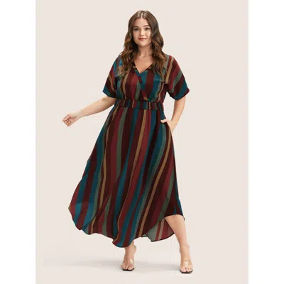 Bloomchic Striped Dolman Sleeve Pocket Shirred Flutter Wrap Dress In Blue