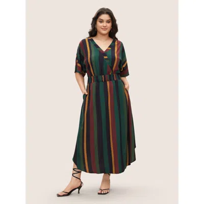 Bloomchic Striped Dolman Sleeve Pocket Shirred Flutter Wrap Dress In Multi
