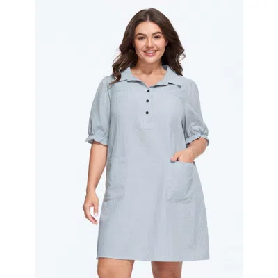 Bloomchic Striped Half‑button Pocket Mini Dress In Indigo