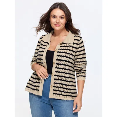 Bloomchic Striped Hollow Collared Button Front Cardigan In Apricot