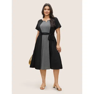 Bloomchic Striped Patchwork Keyhole Belted Raglan Sleeve Dress In Black