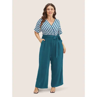 Bloomchic Striped Patchwork Pocket Batwing Sleeve Belted Wrap Jumpsuit In Multi