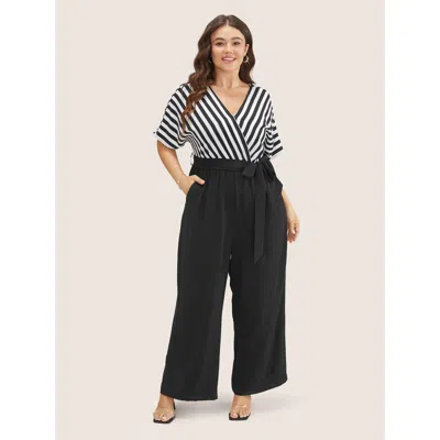 Bloomchic Striped Patchwork Pocket Batwing Sleeve Belted Wrap Jumpsuit In Multi