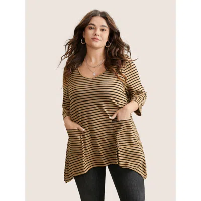 Bloomchic Striped Pocket Asymmetrical Split Hem Tunic T-shirt In Metallic