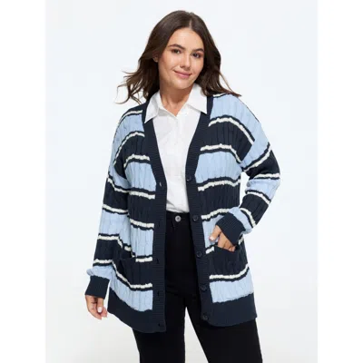 Bloomchic Striped Pocket Button‑front Cable Knit Cardigan In Indigo