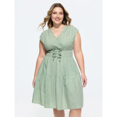 Bloomchic Striped Print Bow-tie Waist Mini Dress In Green