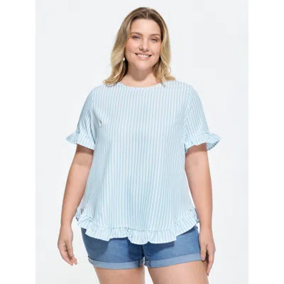 Bloomchic Striped Print Button Back Blouse In Blue
