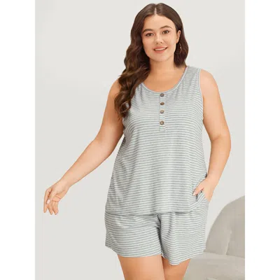 Bloomchic Striped Print Button Detail Pajama Top In Blue