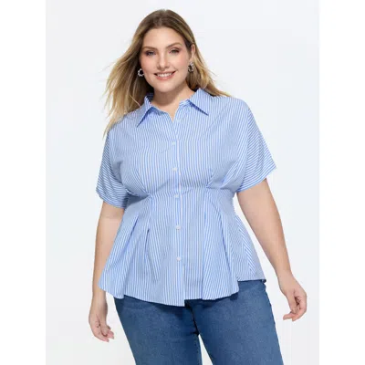 Bloomchic Striped Print Cinched-waist Blouse In Blue