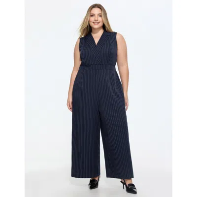 Bloomchic Striped Print Collared Sleeveless Jumpsuit In Black