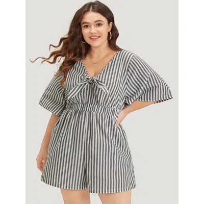 Bloomchic Striped Print Pocket Knot Flutter Sleeve Jumpsuit In Gray
