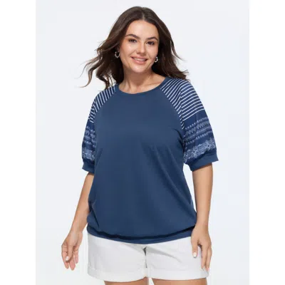 Bloomchic Striped Print Raglan Puff Sleeve Sweatshirt In Blue