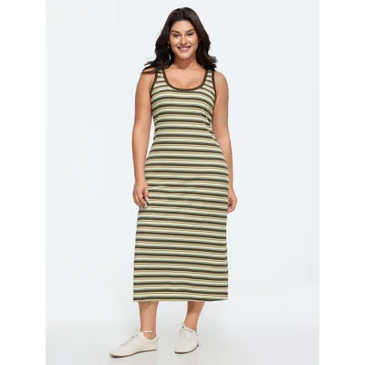 Bloomchic Striped Print Ribbed Scoop Neck Midi Dress In Multi