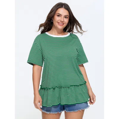 Bloomchic Striped Print Ruffled Hem Long T-shirt In Darkgreen