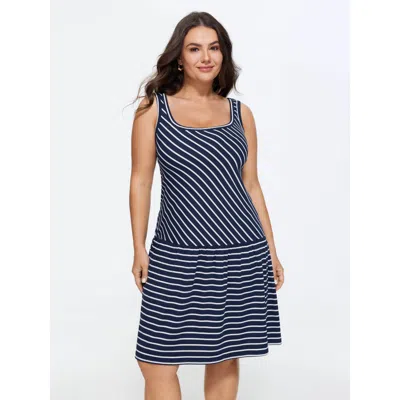 Bloomchic Striped Print Square Neck Rib Mini Dress In Navy