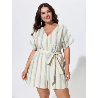 Bloomchic Striped Print Stretchy Waist-tie Romper In Lightblue
