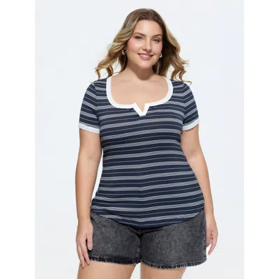 Bloomchic Striped Split Neckline Color Contrast T-shirt In Purple
