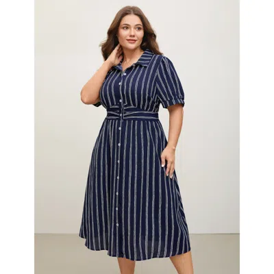 Bloomchic Striped Waist-cinched Pockets Midi Dress In Purple