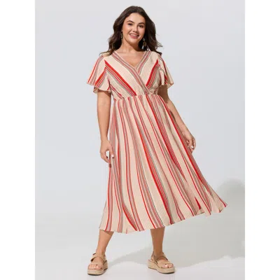 Bloomchic Striped Wrap V Neck Flutter Sleeve Midi Dress In Multi