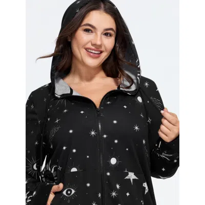 Bloomchic Sun Moon Star Print Pocket Zipper Hoodie In Black