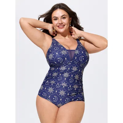 Bloomchic Sunkissed Print Sheer One-piece Swim In Blue