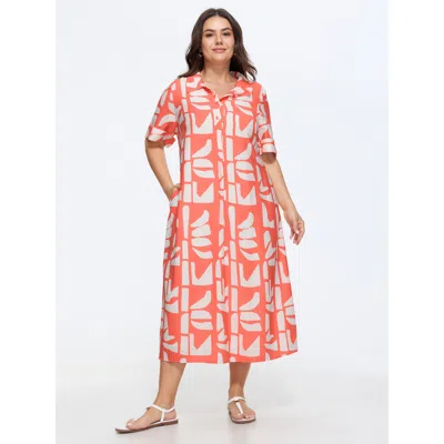 Bloomchic Supersoft Abstract Print Pockets Midi Shirt Dress In Orange